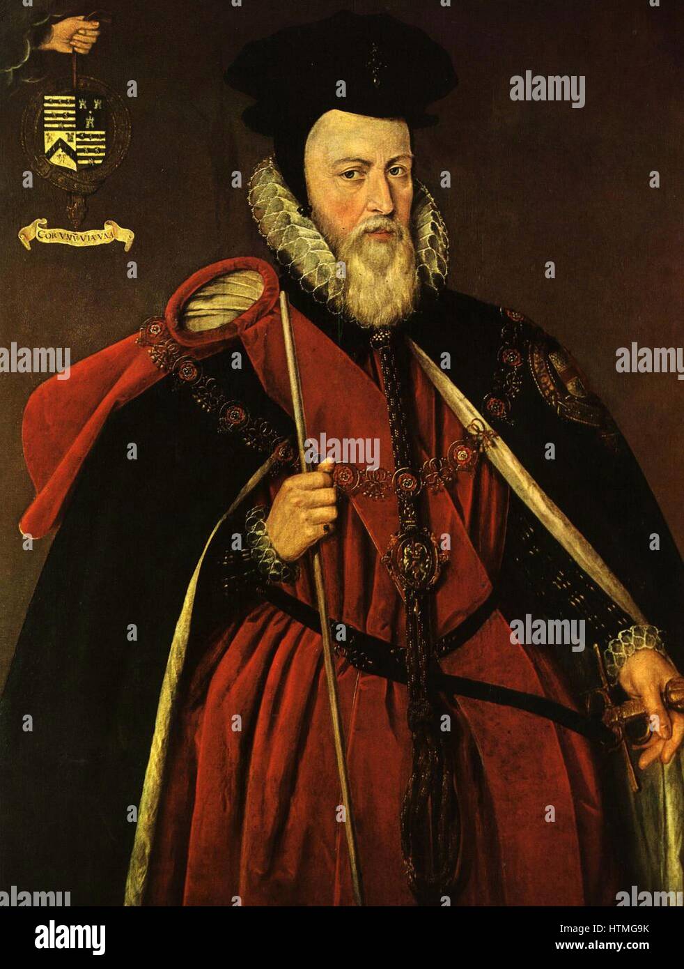 William Cecil, lst Baron Burghley (1520-1598) appointed Secretary of State by Elizabeth I in 1558 and was the prominent English statesman of his age. Cecil in the robes of the Order of the Garter. Portrait by Marcus Gheeraerts the Younger (1561-1635). Stock Photo
