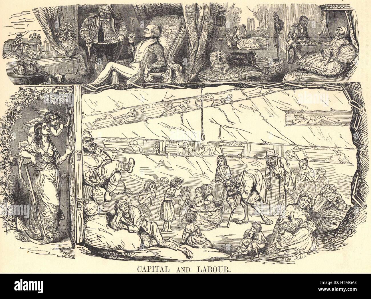 Capital and Labour': Cartoon from 'Punch', London, 1843, in response to Richard Horne's report of child employment. In coal mines 'labourers are obliged to go on all-fours like dogs'. The labouring poor are locked away in misery, toiling to produce the we Stock Photo