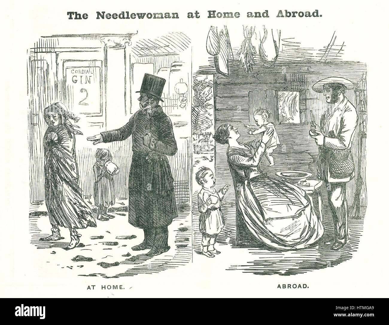 The Needlewoman at Home and Abroad': The advantages of emigration for the wretched British needlewoman on sweated wages. At this date skilled workers were given sponsored passages to emigrate to the colonies. Cartoon from 'Punch', London, 1850. Stock Photo