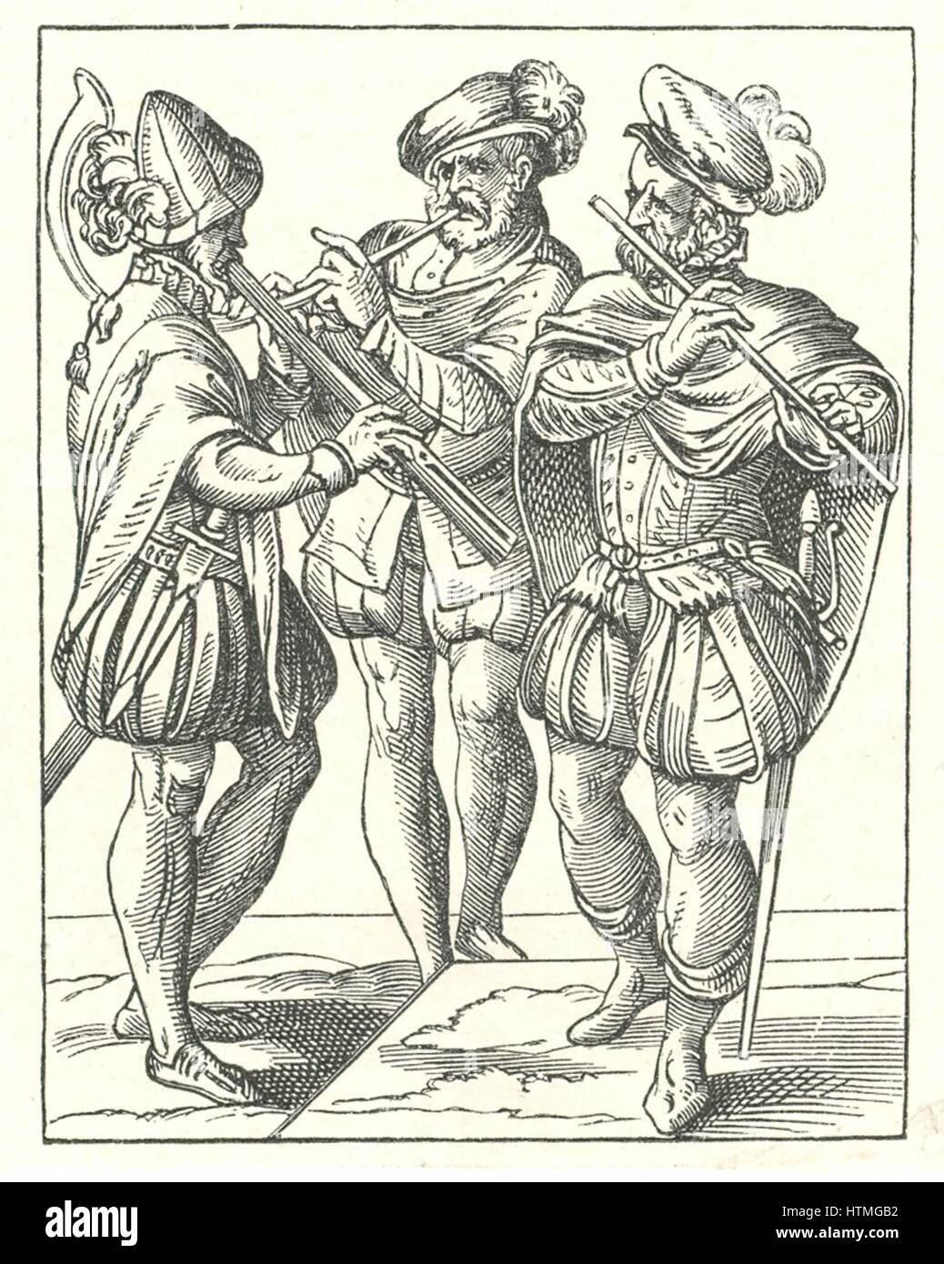 German musicians playing various wind instruments such as flute and horn. Woodcut by Jost Amman (1535-1591). Stock Photo