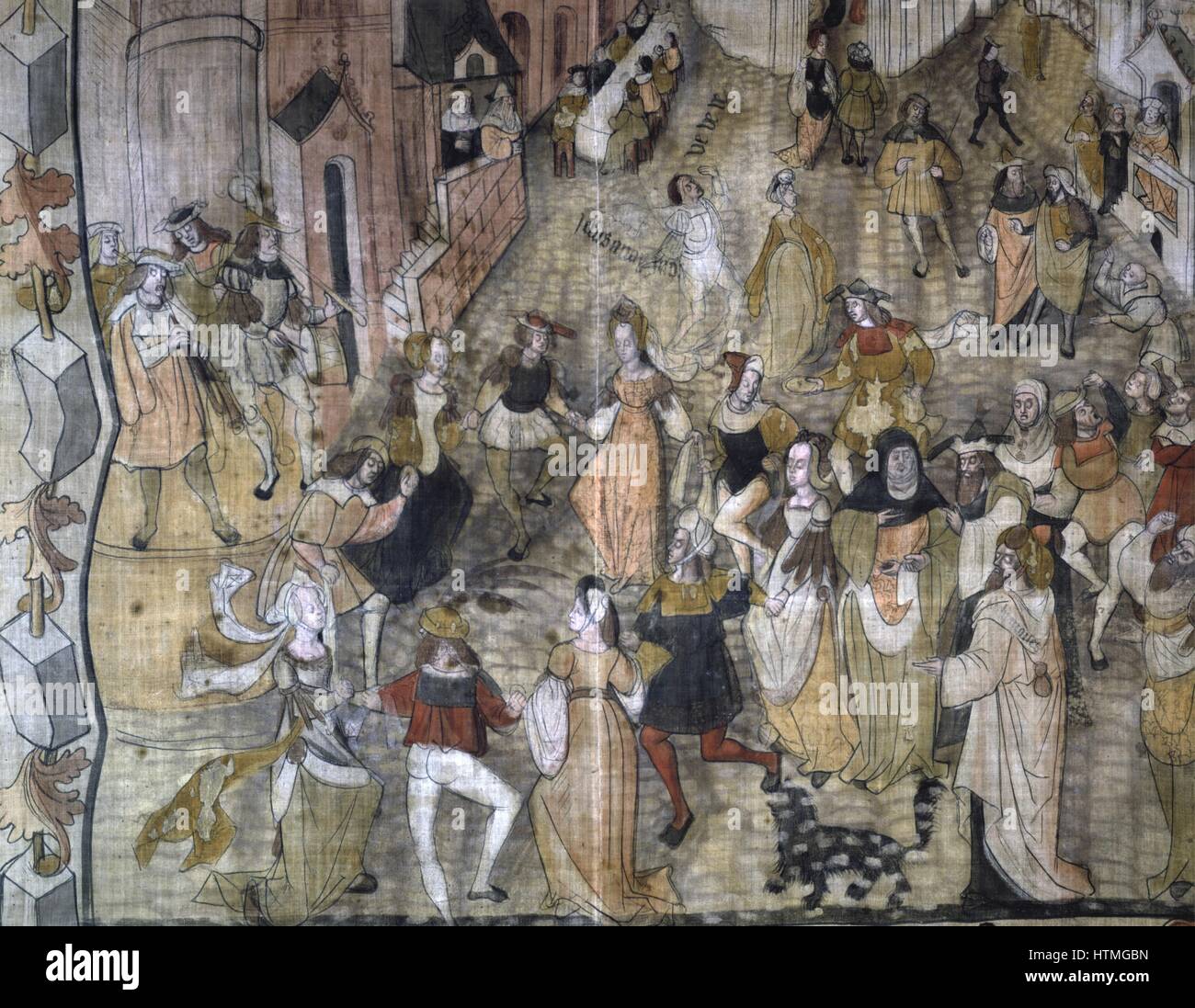 Le mystere de la vengeance de Notre Seigneur (Story of the Vengeance of our Lord, Jesus Christ) medieval French mystery play based around the destruction of Jerusalem during the Jewish War of 66-70. Detail showing Jews dancing in Jerusalem to the sound of Stock Photo