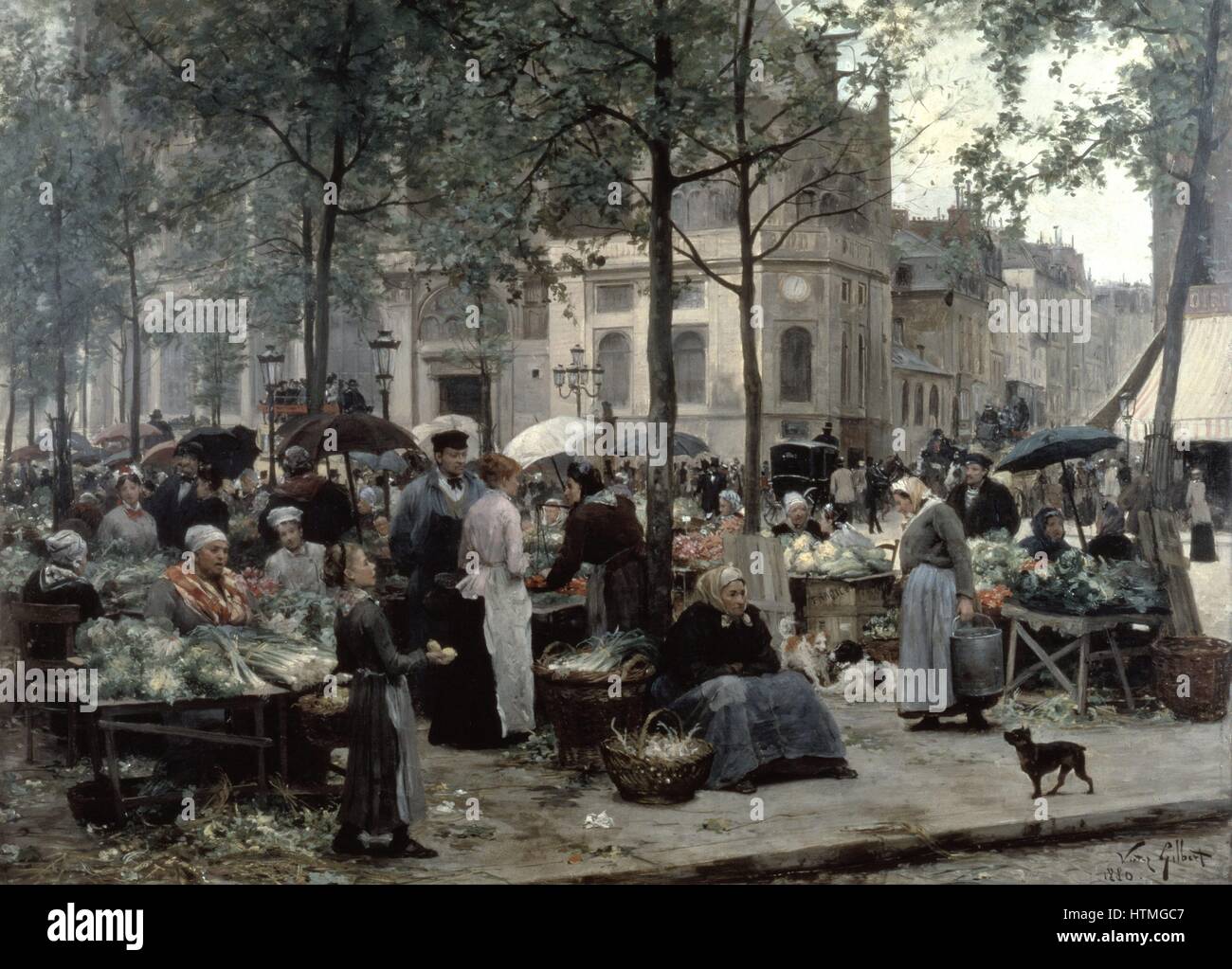 The Square in Front of Les Halles: 1880. Market women at their vegetable stalls. Victor Gabriel Gilbert (1847-1935) French Academic painter. Les Halles' was for centuries the food market of Paris, but was moved out to Rungis in 1969. Stock Photo