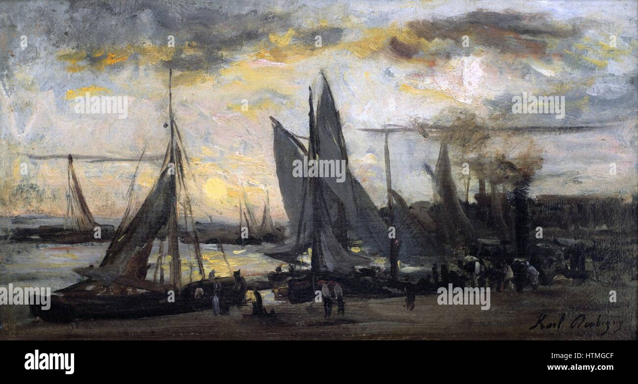 Return of the Fishing Fleet': oil on panel. Karl Daubigny (1846-1886) French Impressionist painter. Fishing vessels at the quay, people on quayside crowding round Stock Photo