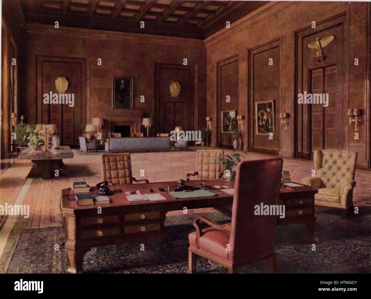 Adolph Hitler's office in the German Reichs Chancellery. 1938 Postcard. Stock Photo