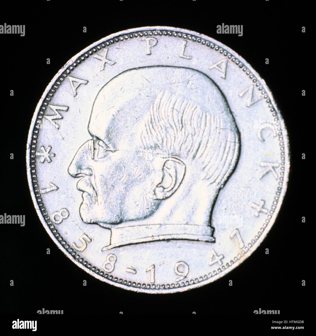 Max Planck (1858-1947) German theoretical physicist. Quantum Theory. Nobel prize for physics, 1918. From the obverse of a German 2 DM piece Stock Photo