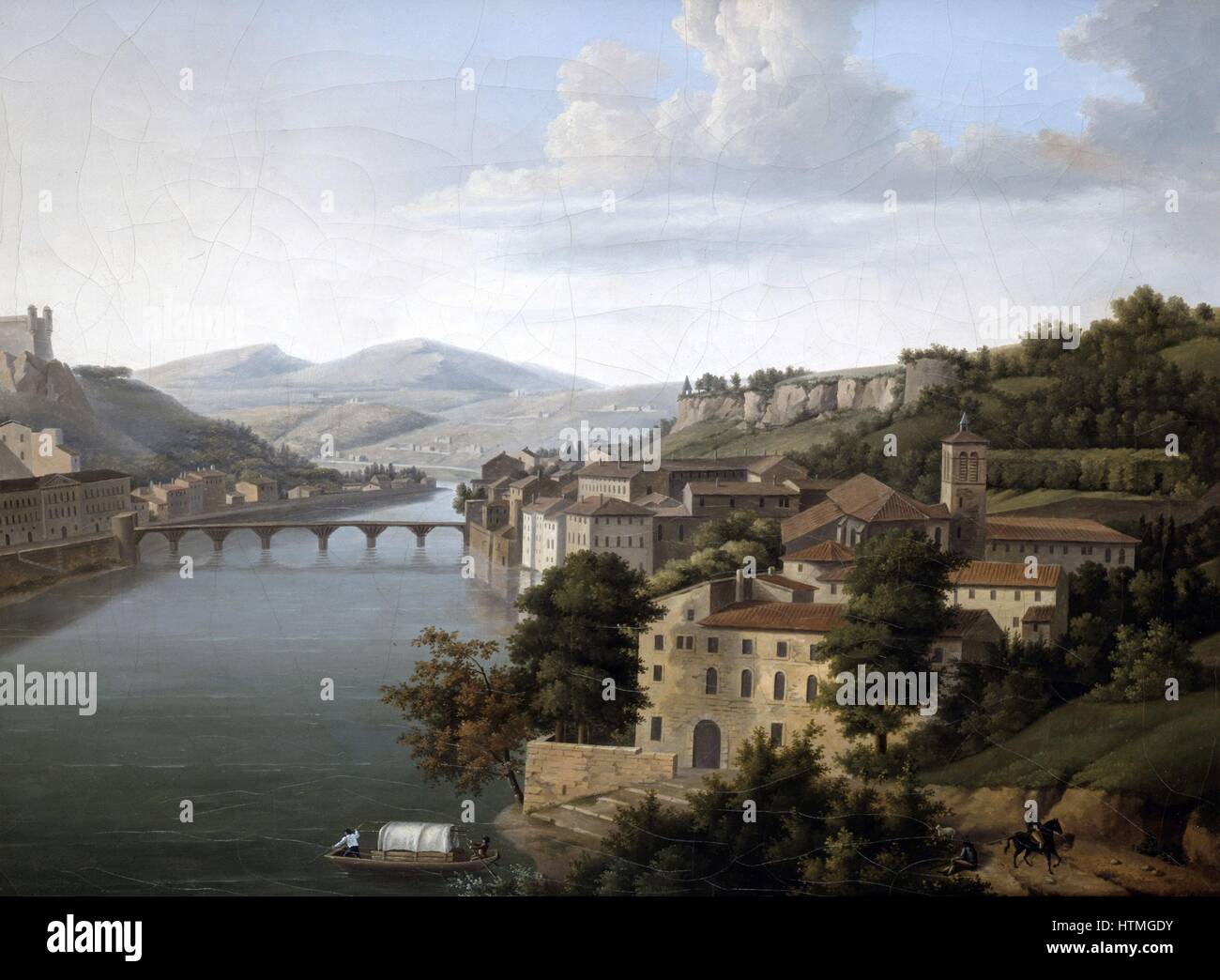 'View of the Rhone': Riverscape with bridge connecting buildings on both banks of the water. Alexandrine Hyacinthe Dunouy (1757-1841) French painter. Oil on canvas. Stock Photo