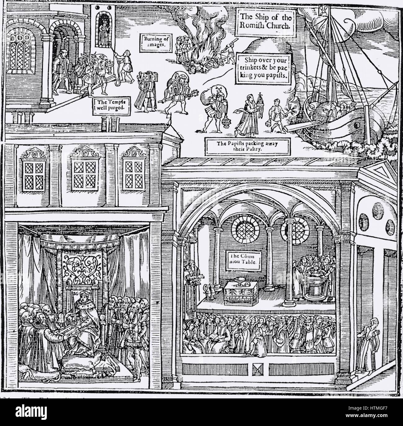 Woodcut from the first edition of John Foxe 'The Book of Martyrs', London 1563, depicting iconoclasm, centre top. In the top part of the image 'papists' are packing away their 'paltry,' while the church is purged of idols. At bottom left clerics receive t Stock Photo