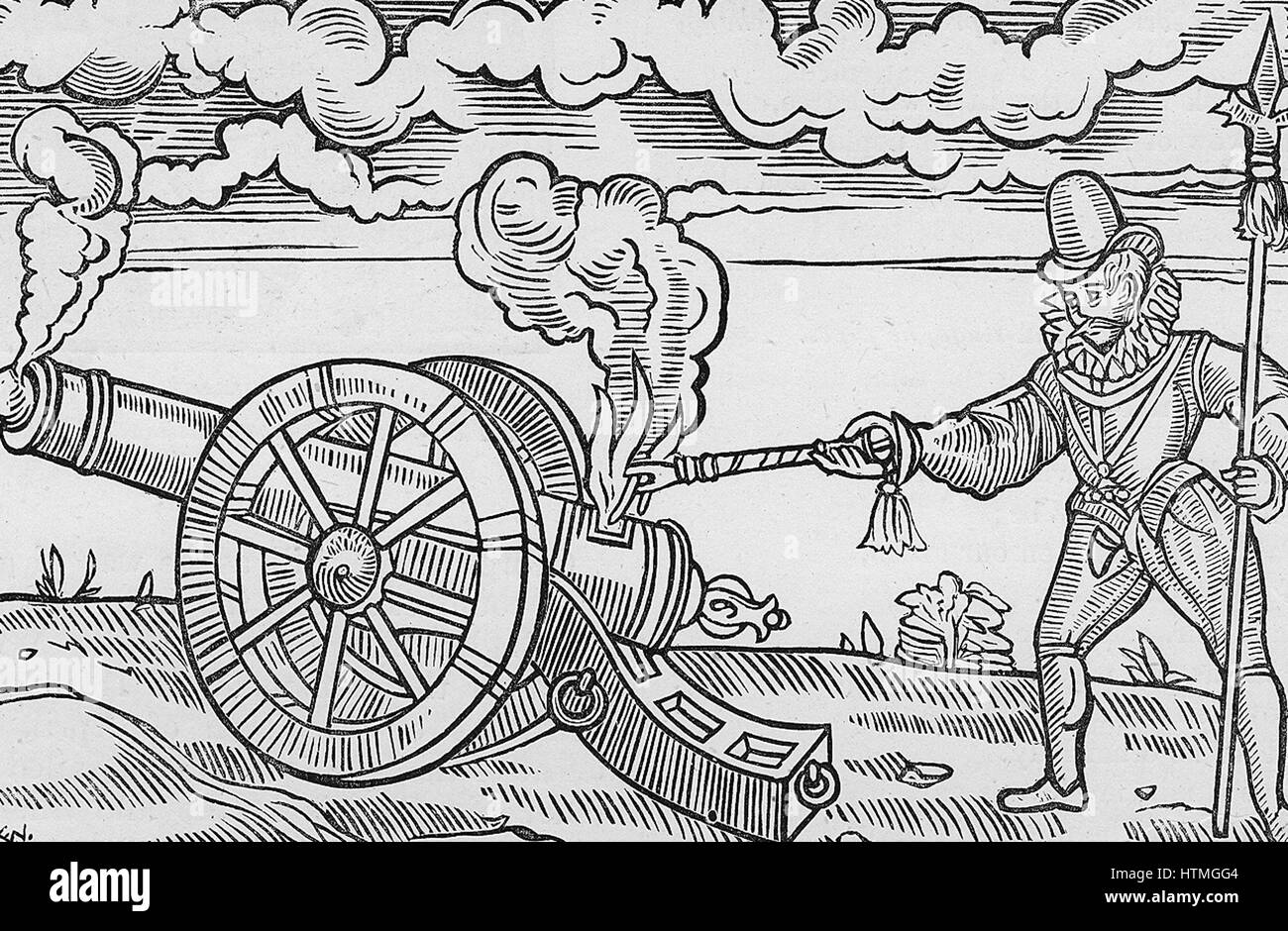Master gunner firing a cannon. Wodcut from Edward Webbe 'Travels', 1590. Stock Photo