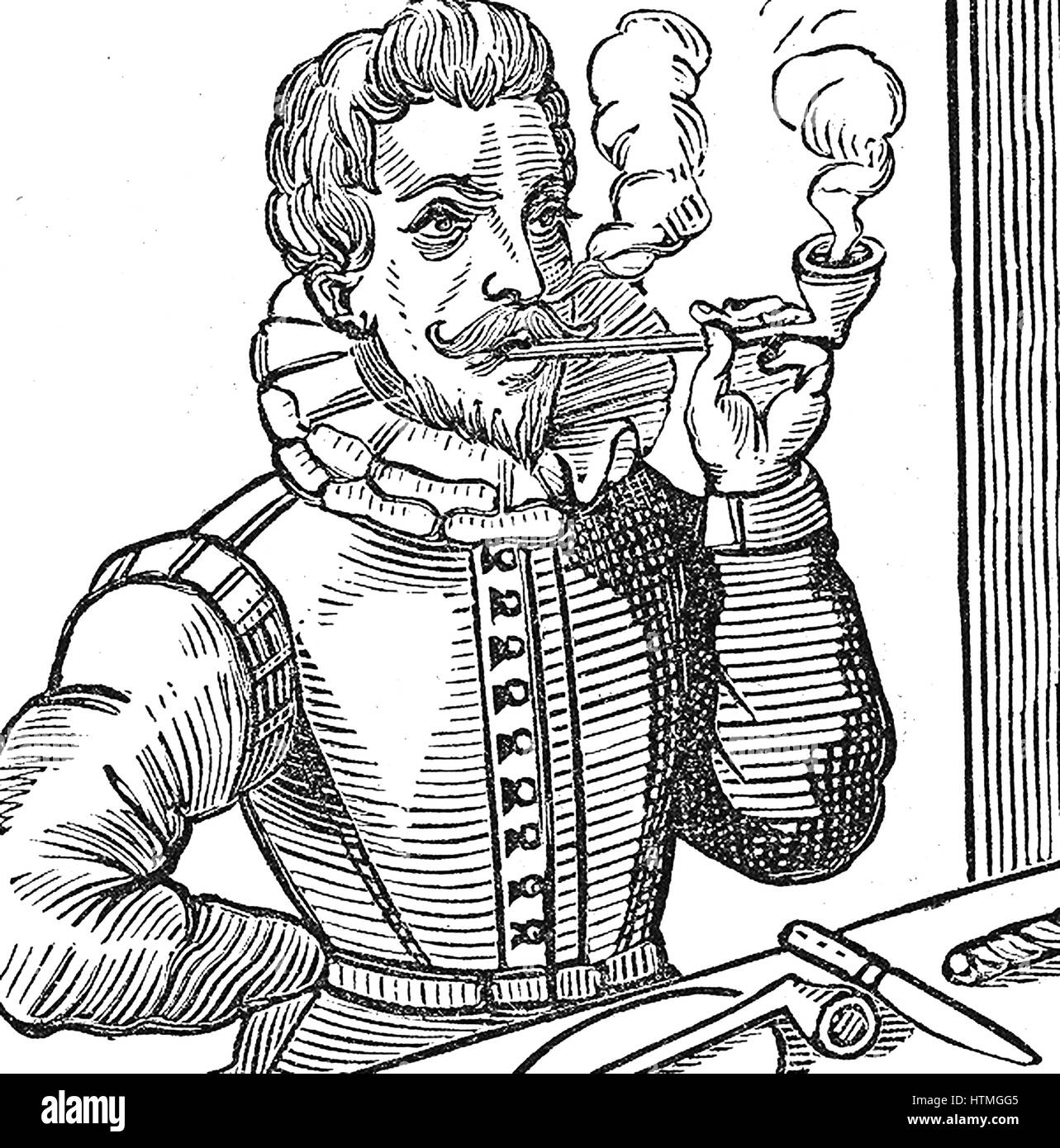 Walter Raleigh (1552-1612) English courtier and navigator. Favourite of Elizabeth I. Half-brother of Humphrey Gilbert. Said to have introduced Tobacco and Potatoes into England. 19th century woodcut. Stock Photo