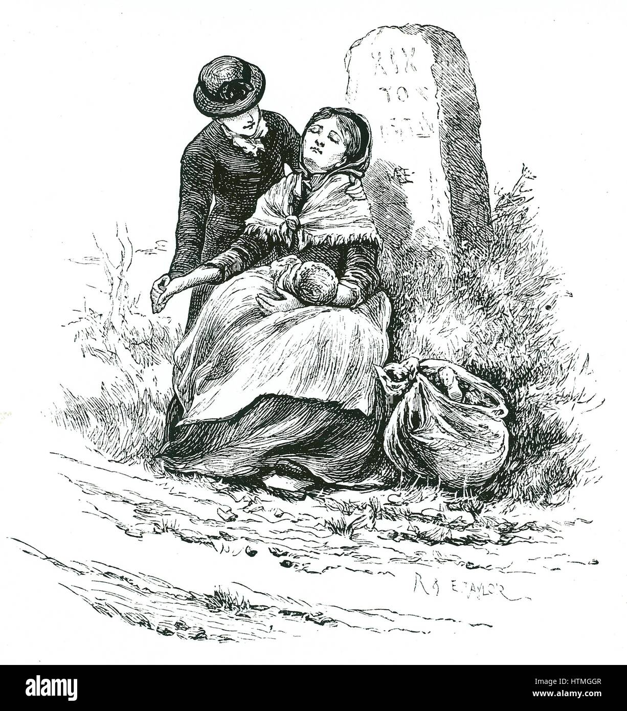 An destitute, unmarried mother found exhausted on her way to the Workhouse with her baby. Scene reminiscent of a Thomas Hardy novel but one not uncommon in rural areas throughout the country. Illustration by Mary Ellen Edwards c1881. Stock Photo