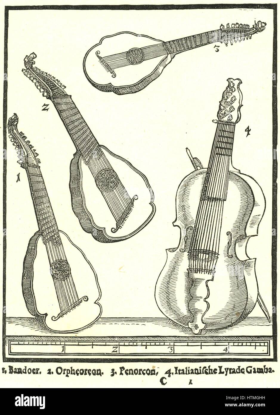 Stringed Instruments. 1: Bandoer, 2: Penorcon, 3: Orpheoreon, forms of Cittern and played with a plectrum. 4: Lyra da Gamba, bass form of the Lyra, played with a bow. Woodcut from Michael Praetorius 'Syntagma Musicum', 1615-1620. Stock Photo