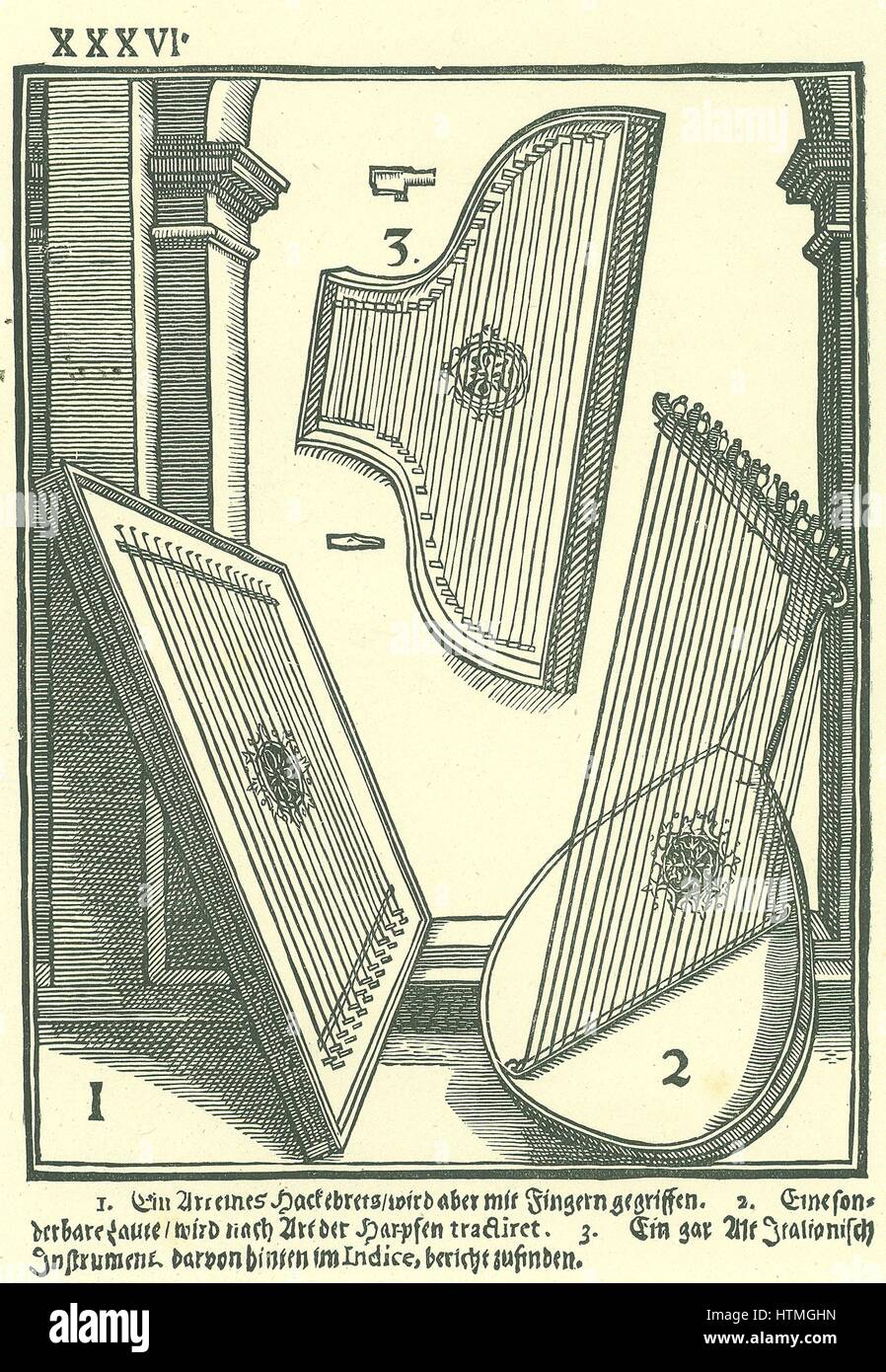 Early Italian stringed instruments. 1: A kind of Hackbret, 2: Lute-shaped instrument strung to be played like a harp, 3: Old Italian instrument played by plucking. Woodcut from Michael Praetorius 'Syntagma Musicum', 1615-1620. Stock Photo