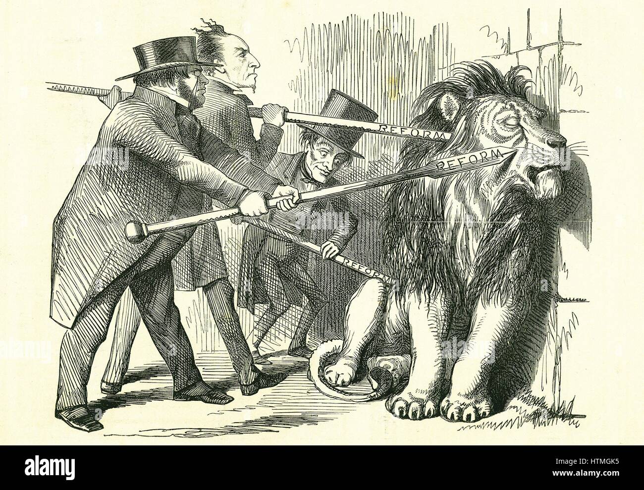 'Who Will Rouse Him?': Reform of Parliament - extension of the franchise. John Bright, Benjamin Disraeli and Lord John Russell (left to right) attempting to prod the British Lion into accepting a Reform Bill. John Tenniel cartoon from 'Punch', London, 12 Stock Photo