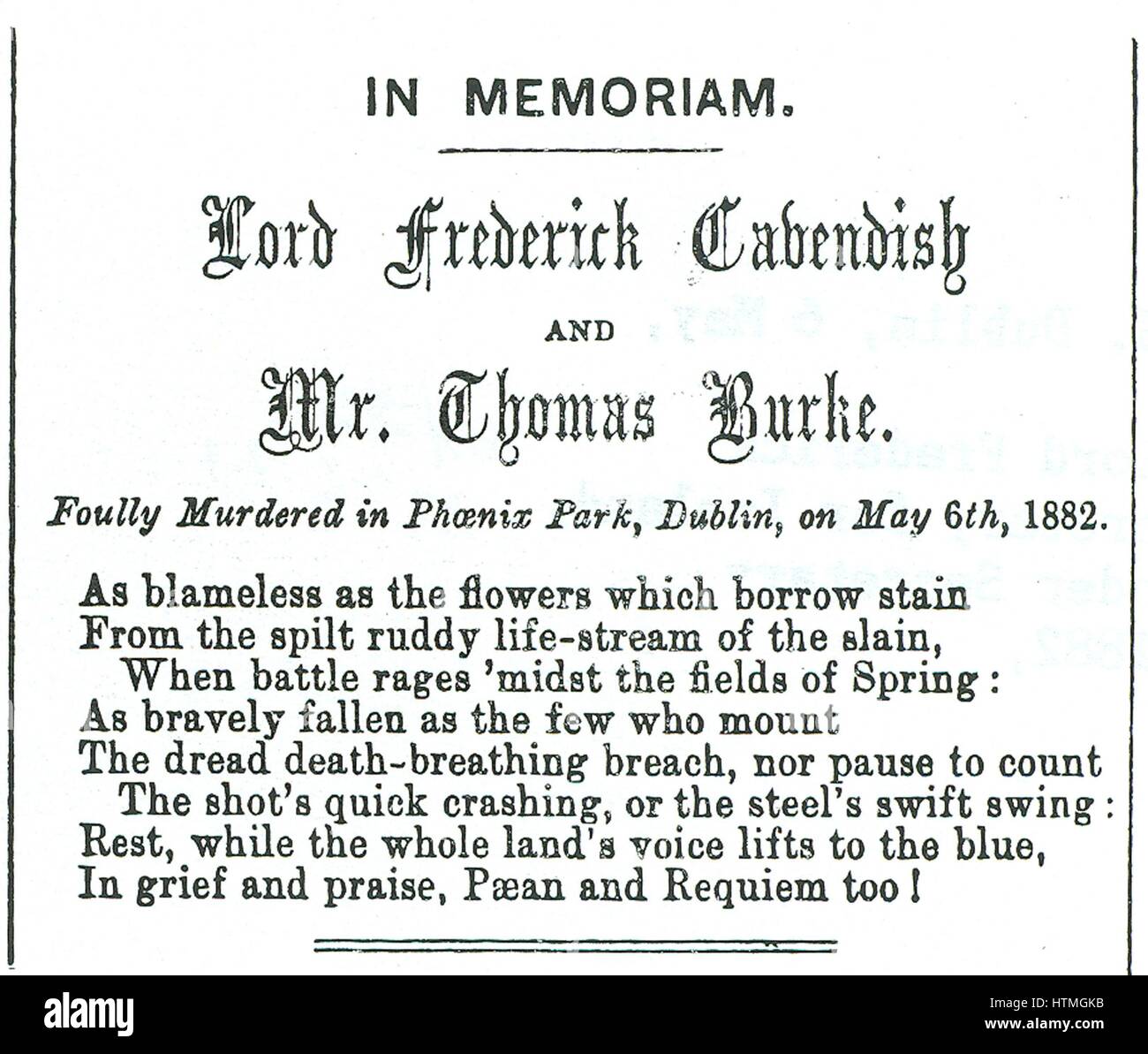 Phoenix Park Murders, Dublin, 6 May 1882. Memorial notice to Lord Frederick Cavendish, Chief Secretary for Ireland, and Thomas Burke, Under Secretary. From 'Punch, 20 May 1882. Stock Photo