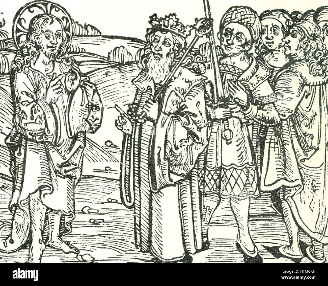 The Risen Christ appearing to the king of Spain (Ferdinand II of Aragon and Ferdinand V of Castile 1452-1516). Woodcut from 1497 pamphlet containing a German translation of Columbus's letter to Luis de Santangel, the Spanish royal Treasurer, announcig his discovery of America. Stock Photo