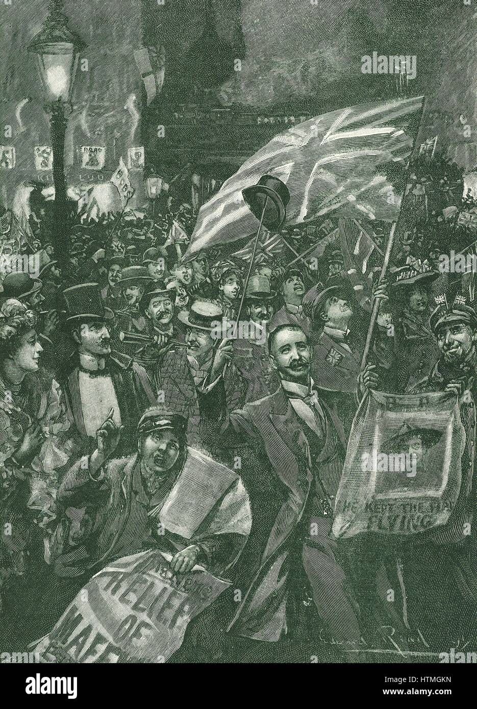 Londoners celebrating the news of the relief of Mafeking. In the Second Boer War the British were besieged at Mafeking from 12 October 1899-17 May 1900. Engraving Stock Photo