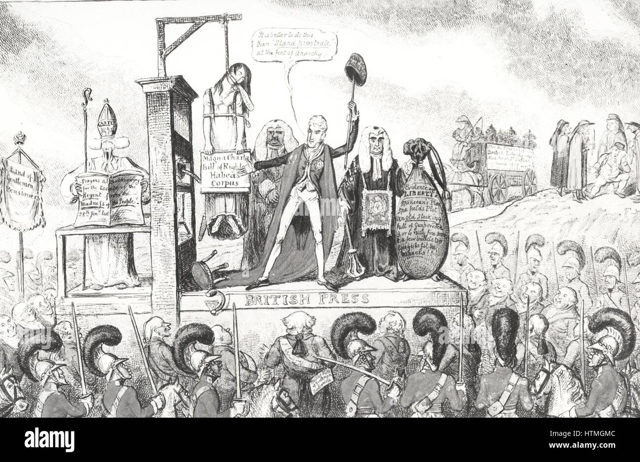'Liberty Suspended!' Lord Castlereagh and Lord Eldon stand at the foot of the scaffold on which the liberty of the British Press is being suspended. Archbishop of Canterbury reads prayers preserving the Regent from the madness of the people.. Top right, t Stock Photo