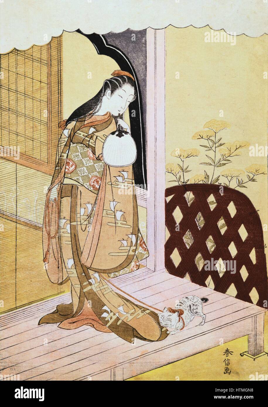 The Princess Nyosan', c1765. The princess looks down at the cat playing with the hem of her robe. In 'The Book of Genji', Eleventh century classic of Japanese literature, Nyosan is the second principal wife of Genji, son of the Japanese Emperor. Japanese Stock Photo