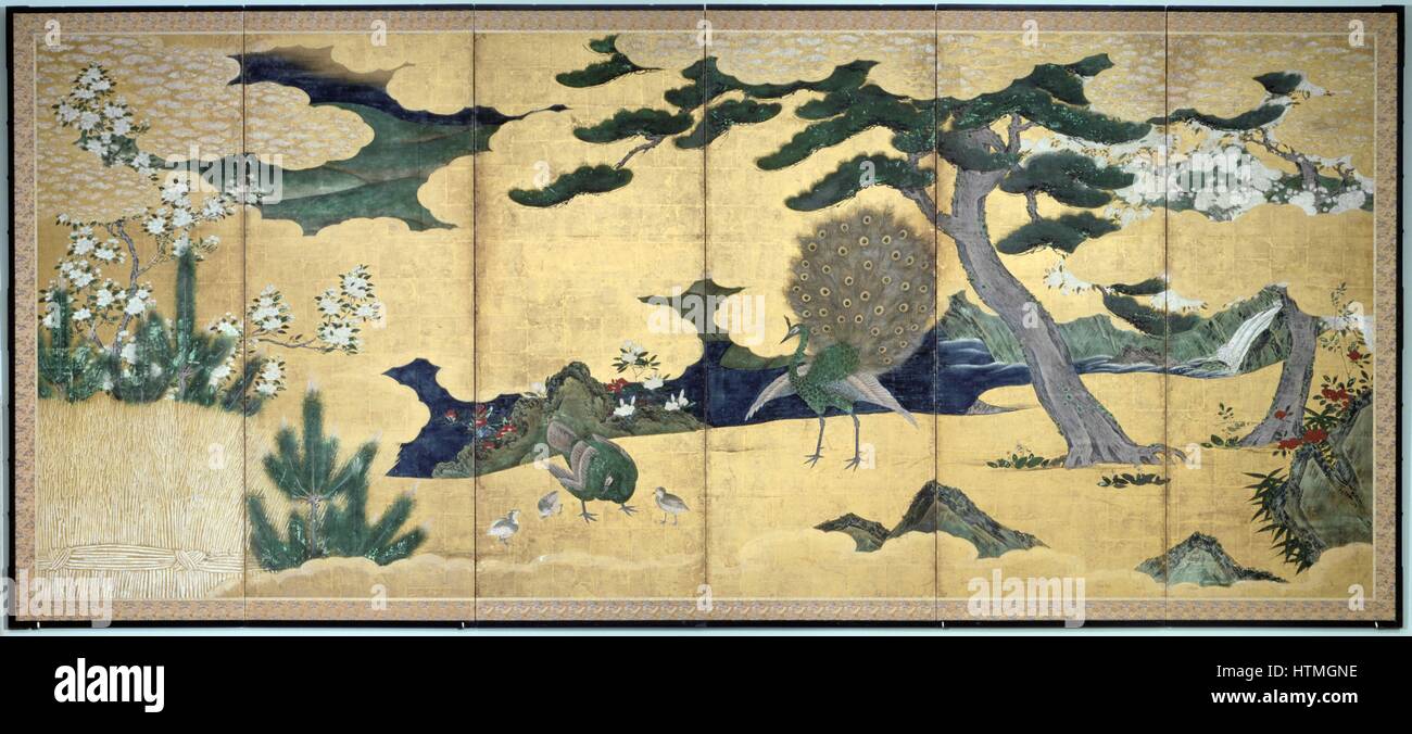 Six-leaved screen with displaying Peacock and Peahen with chicks: Pines, rocks, bushes and stylised clouds. Colour, ink and gold on paper. Early 17th century, Edo Period, Japan Stock Photo