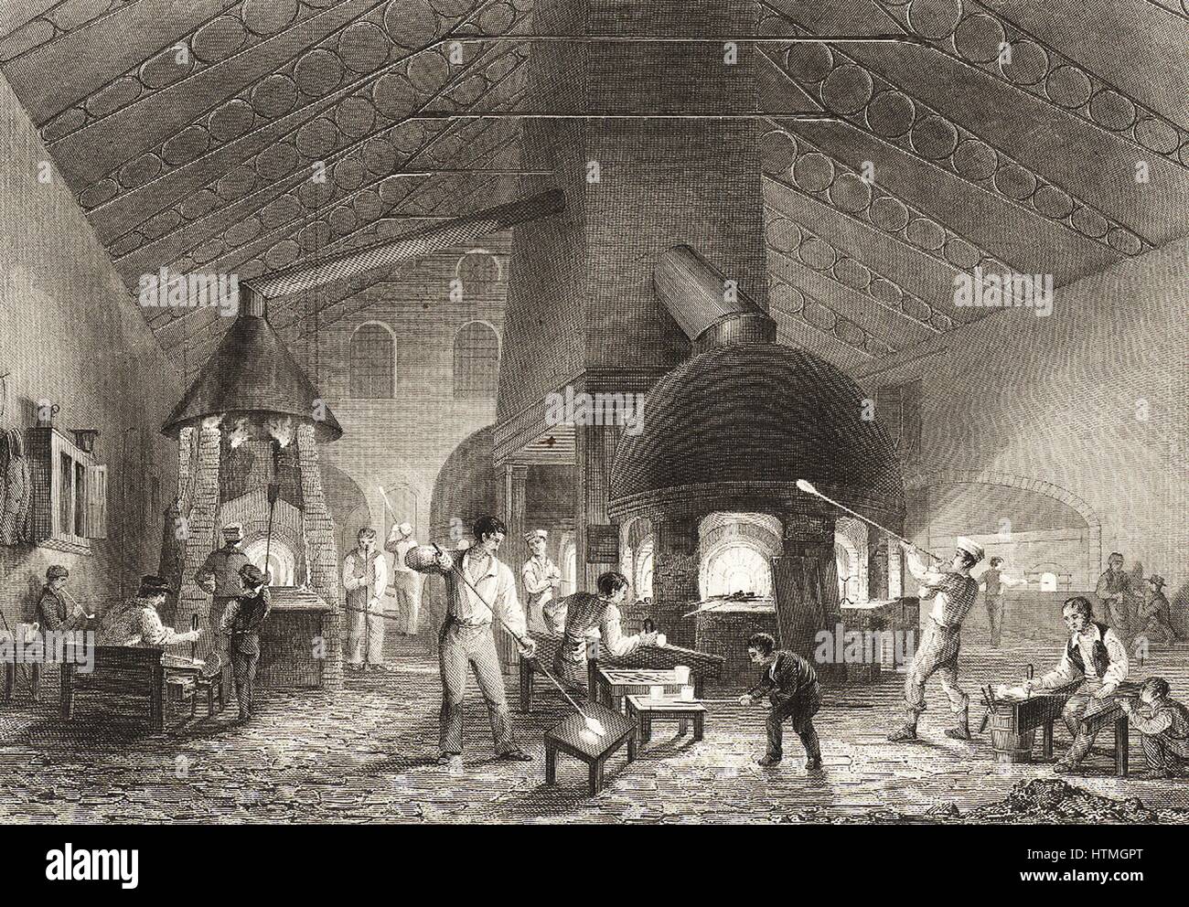 Men and boys at Aspley Pellatt's Falcon Glass Works, Holland Street, Blackfriars, London, 1842. Note cast iron roof trusses. Between 1824-1827) Michael Faraday began investigations of optical glass here before a furnace was built in the Royal Institution. Stock Photo