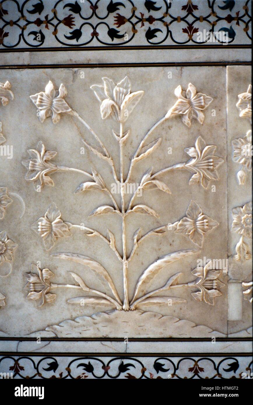Marble carving of formalised lily, Taj Mahal, Agra, India, 17th century. Stock Photo