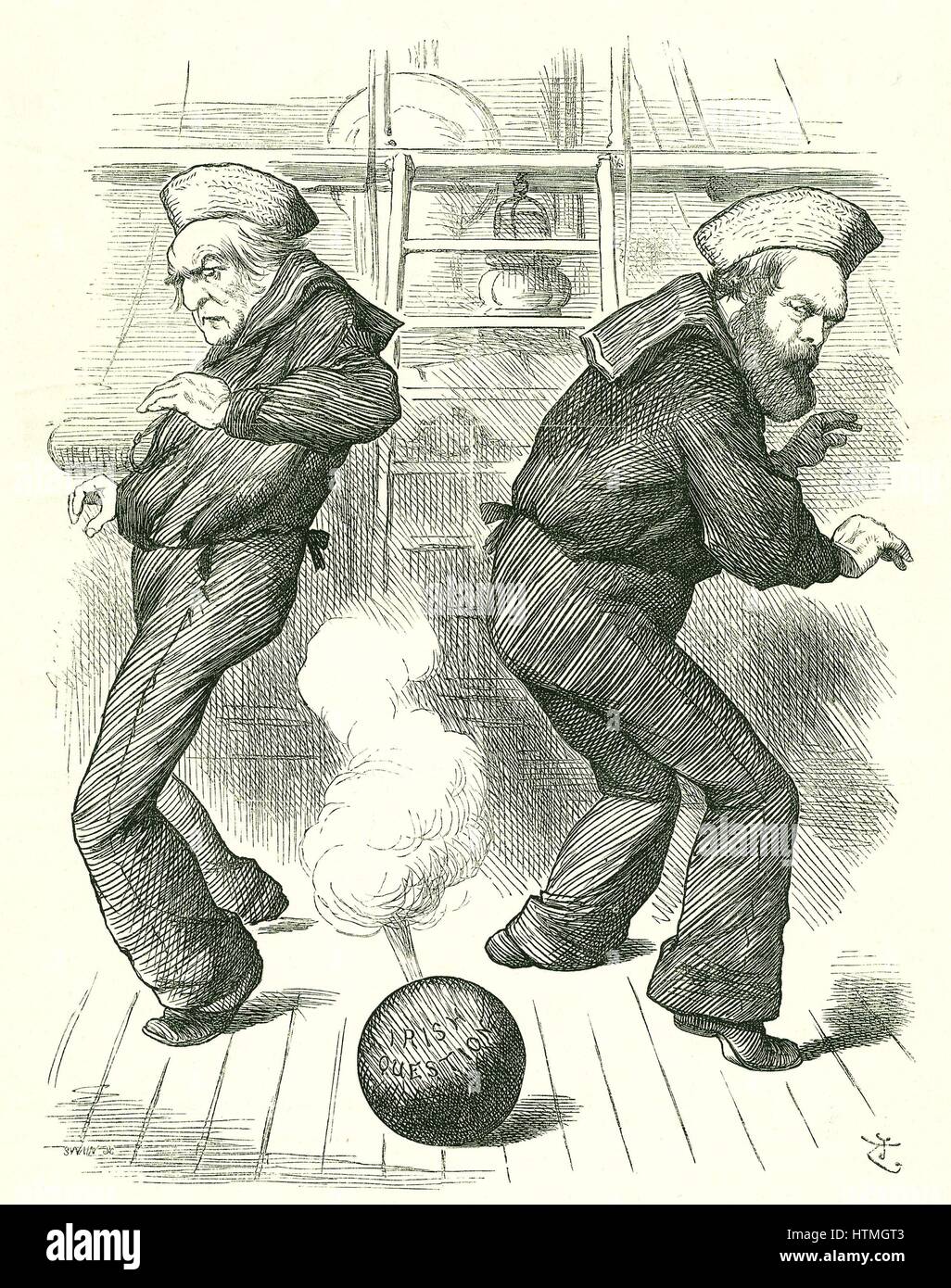 'The Live Shell': Salisbury's (right) administration resigned in January to be followed in February by the third Gladstone (left) administration. Neither politician relished dealing with the problems of Ireland. John Tenniel cartoon from 'Punch', London, 30 January 1886. Stock Photo