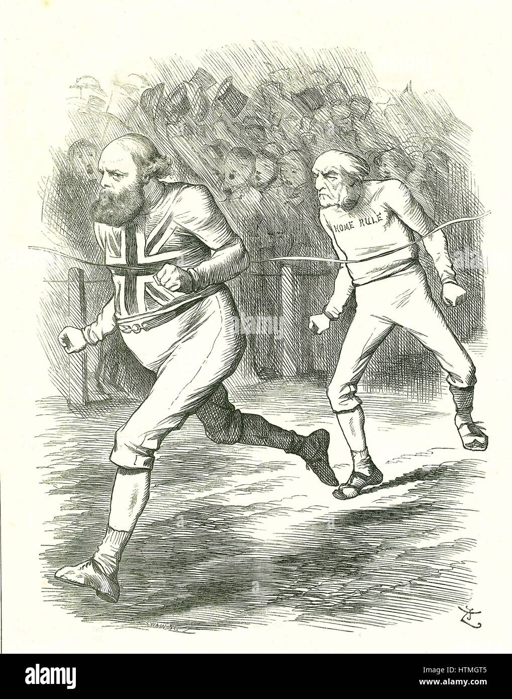 'The Finish': General Election 1886. Gladstone (Liberal) went to the country over his Home Rule for Ireland bill. Salisbury (Conservative opposition) beats Gladstone to the finishing line . John Tenniel cartoon from 'Punch', London, 17 July 1886. Stock Photo