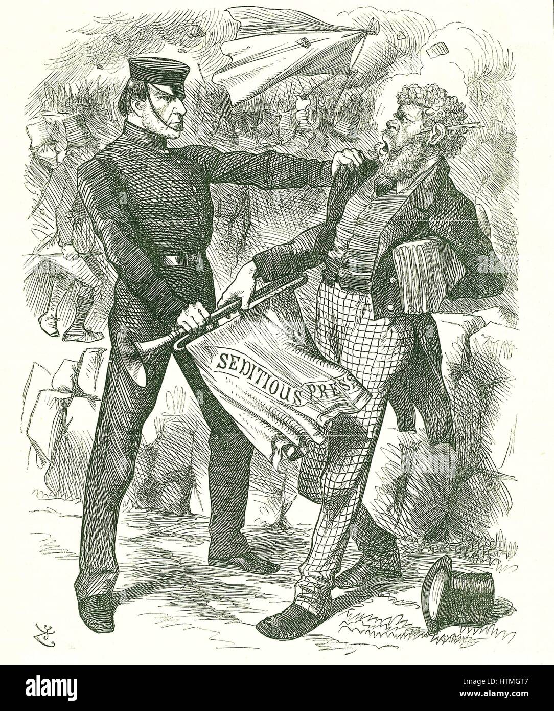 'Silencing the Trumpet. (after Aesop)': Prime Minister Gladstone silencing the Irish press for inciting Fenian violence. John Tenniel cartoon from 'Punch', London, 9 April 1870. Stock Photo