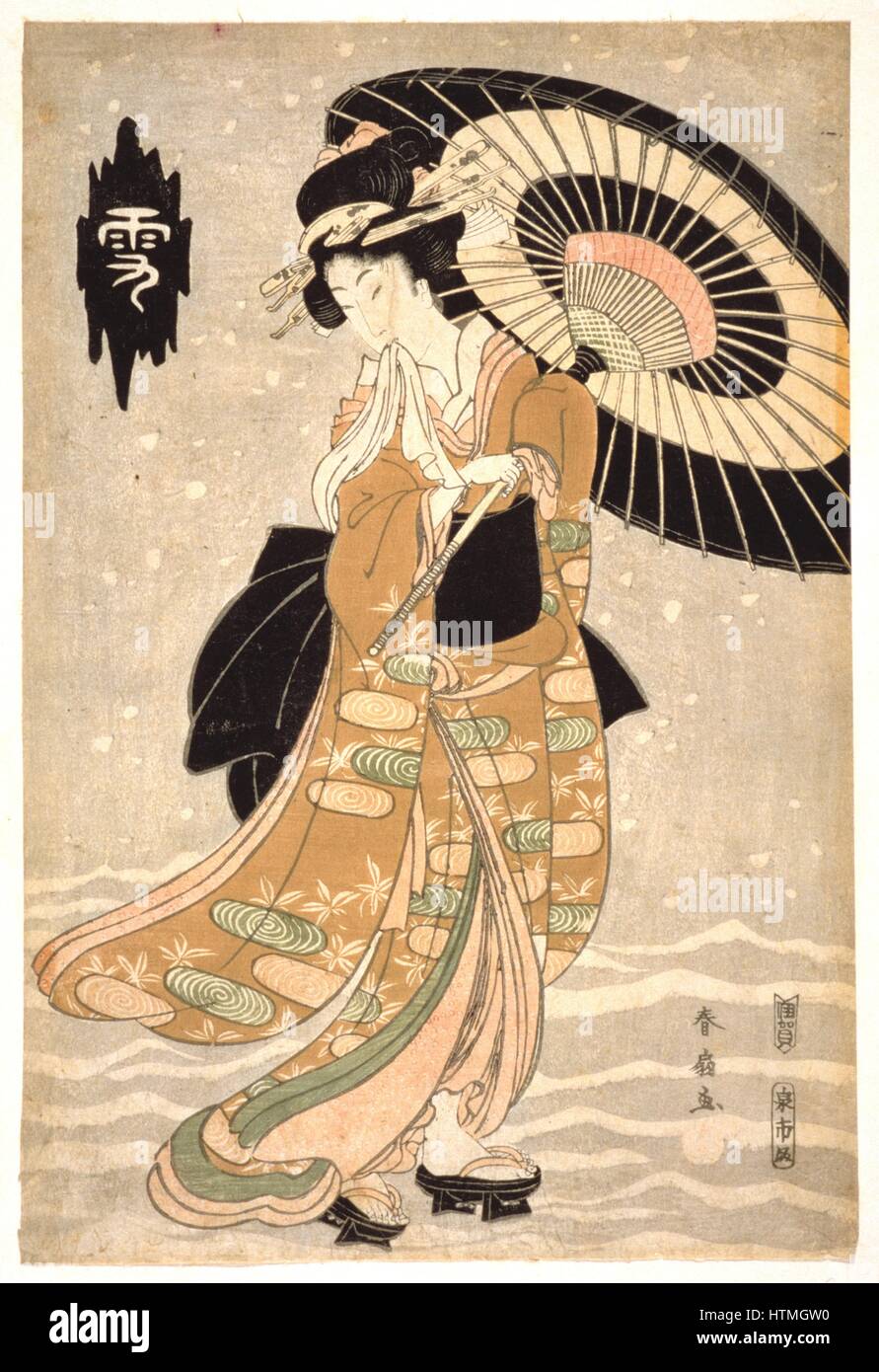 Young woman with parasol in falling snow. Coloured woodblock print from the series 'Snow, Moon and Flowers', c1812. Katsukawa Shunsen (c1762-1830). Stock Photo