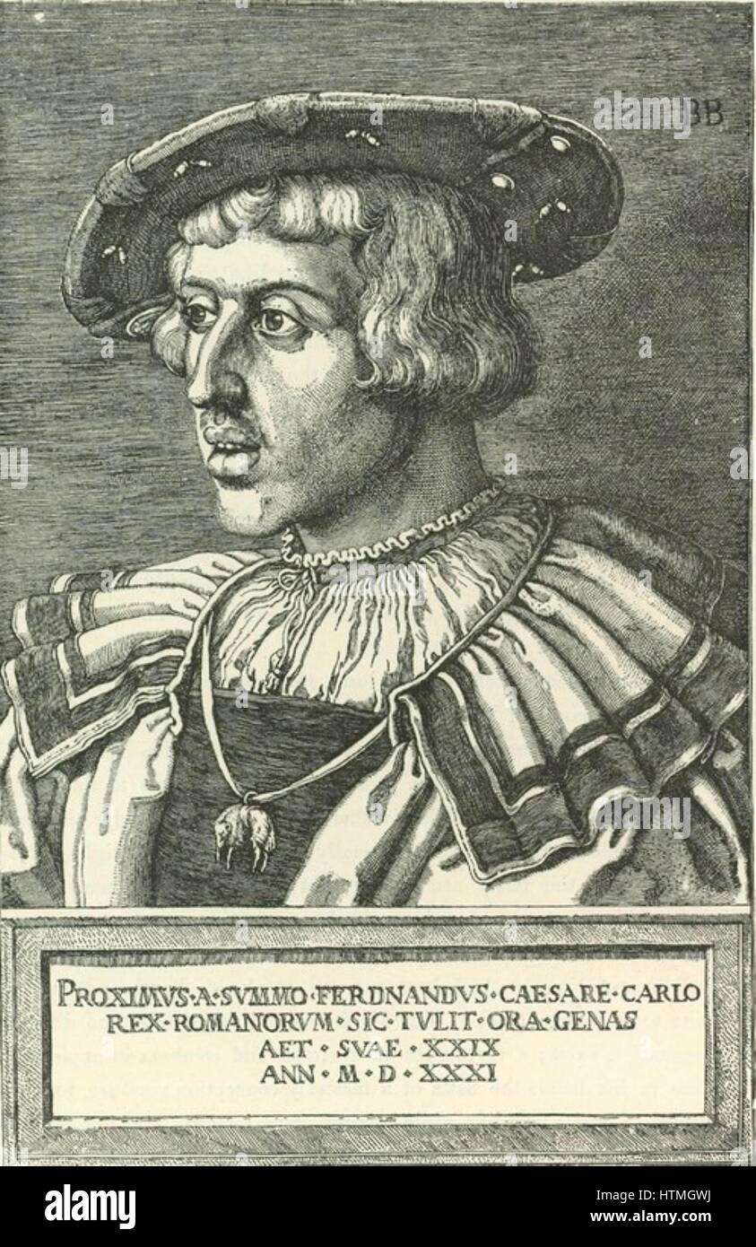Ferdinand I (1503-1564) Holy Roman Emperor from 1558. Younger brother of Emperor Charles V; an admirer of Erasmus whose principles he tried to emulate. From a copperplate engraving by Bartholemeo Beham, 1513. He is wearing the Order of the Golden Fleece. Stock Photo