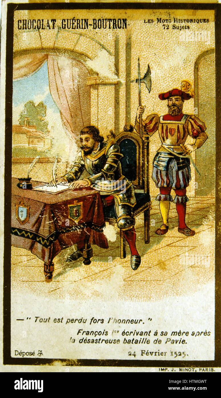 Francois I (1494-1547) King of France from 1515. At the Battle of Pavia, 24 February 1525, he was captured by the Spanish troops and imprisoned by Charles V. Here, under guard, he is writing to his mother Louise of Savoy informing her of the diastrous battle. 19th century chromolithograph. Stock Photo