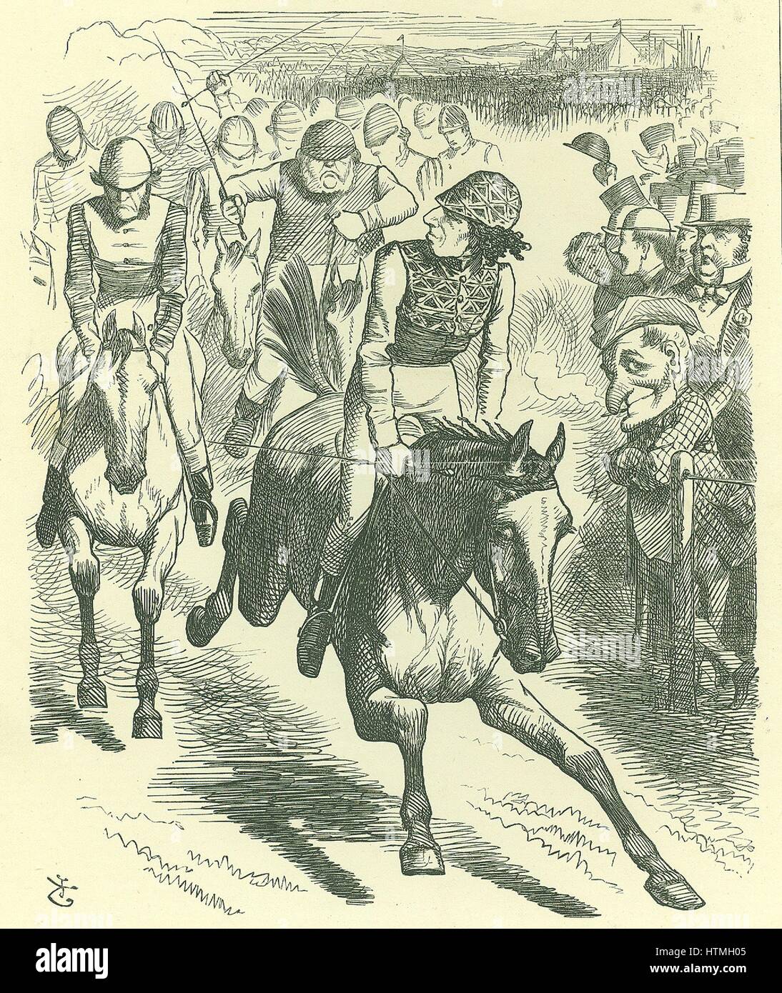 'The Derby, 1867. Dizzy Wins with 'Reform Bill'': Disraeli introduced a new Reform Bill in 1867. John Tenniel cartoon from 'Punch', London, 25 May 1867 showing Disraeli beating Gladstone to the winning post. Stock Photo