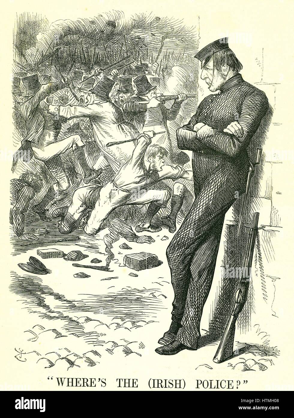 'Where's the (Irish) Police?': William Gladstone, British Prime Minister, watching the unrest in Ireland and waiting to intervene. In April a new Irish Peace Preservation Act was passed by Parliament. John Tenniel cartoon from 'Punch', London, 12 March 18 Stock Photo