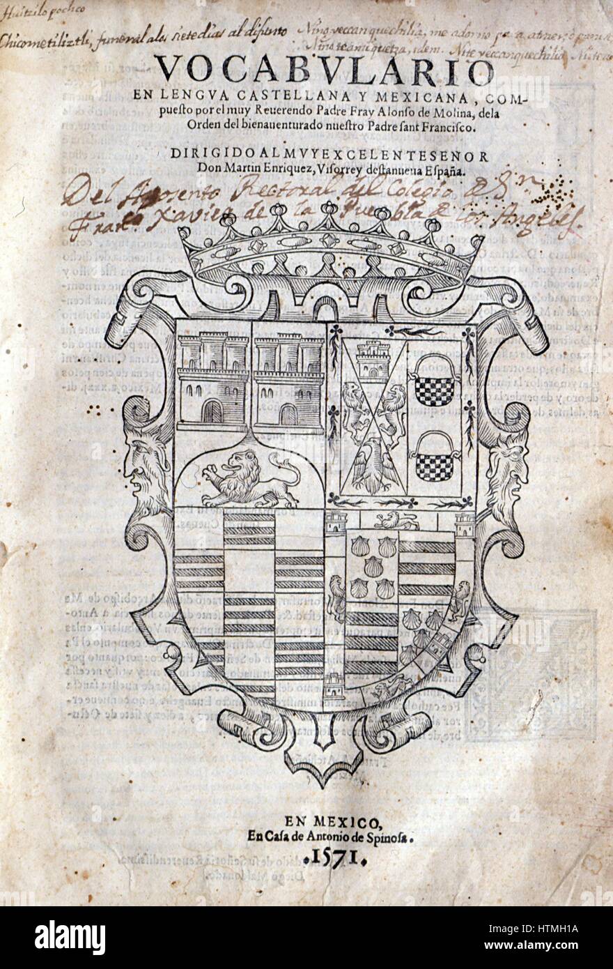 Title page of 'Vocabulary in Castilian and Mexican Language' by Alonso de Molina, Mexico, 1572, the first dictionary printed in the New World. Molina (c1514-1579) Spanish Franciscan priest and grammarian. Stock Photo