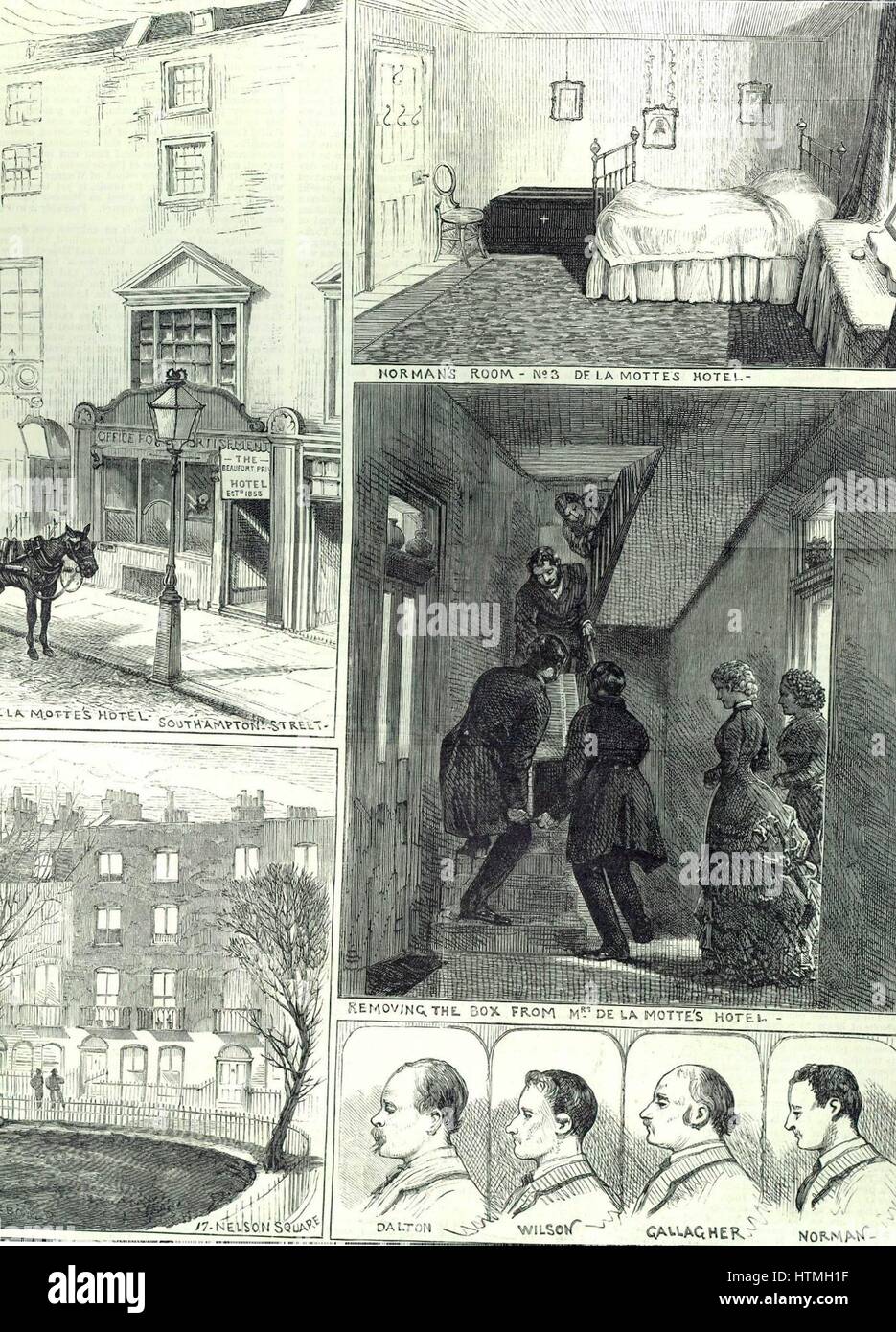 Fenian explosives conspiracy, April 1883. Police removing from Mrs De la Motte's hotel, near The Strand, London, the box of nitro-glycerine brought by Norman from Birmingham. Below: Conspirators Dalton, Wilson, Gallagher, and Norman. From 'The Illustrated London News', 14 April 1883. Stock Photo