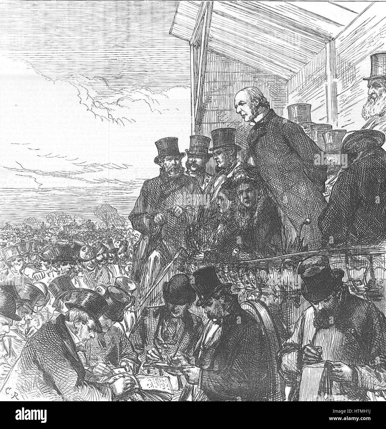 William Ewart Gladstone (1809-1898) giving an election address on Blackheath in his Greenwich constituency. General election February 1874. Gladstone lost to the Conservatives under Disraeli. From 'The Illustrated London News' 7 February 1874. Stock Photo