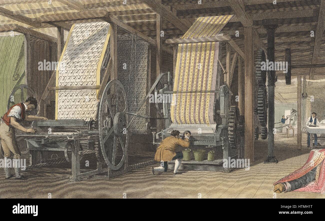 Calico printing machines powered by belt and shafting through cog wheels from a central energy source (steam or water). Hand-coloured engraving, London, 1834. Stock Photo