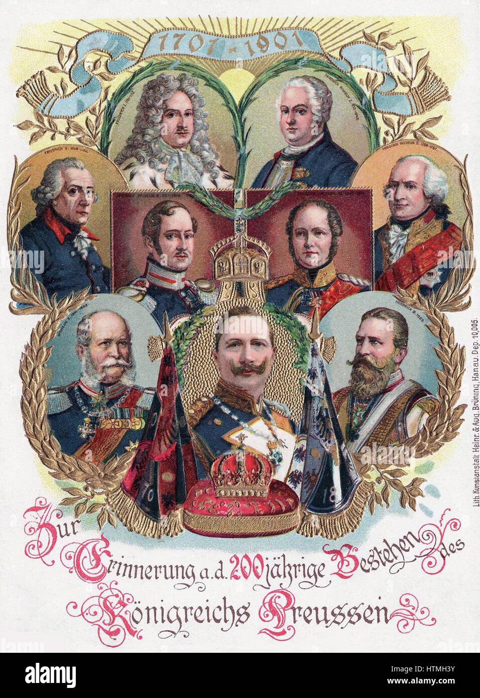 Postcard to commemorate the 200 anniversary of the Kingdom of Prussia 1902. Shows Frederick I, Frederick Wilhelm I, Frederick Wilhelm II, Frederick The Great, Kaiser Wilhelm II, Frederick III, Wilhelm I, Frederick William IV and Frederick William III Stock Photo