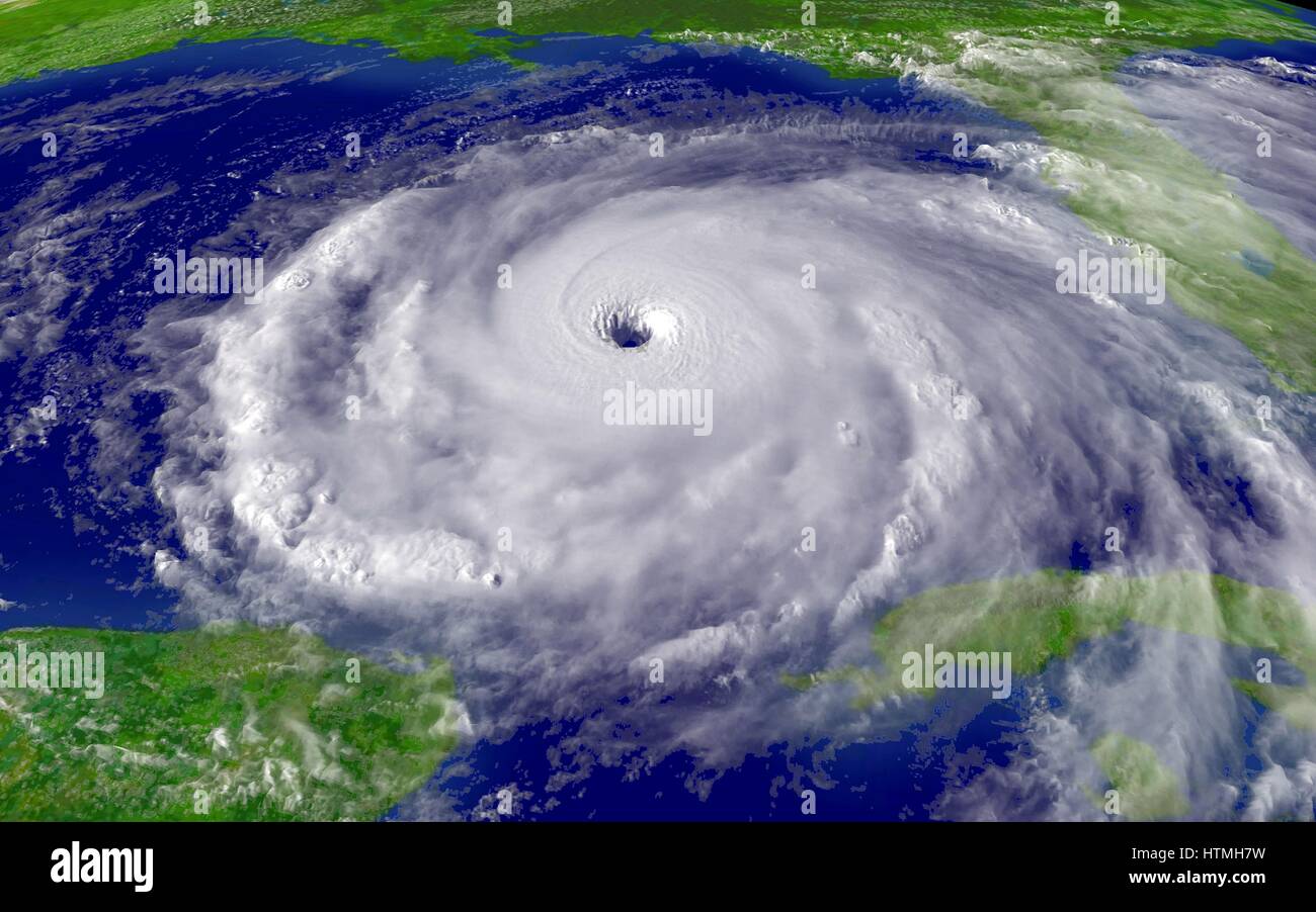 Satellite image of Hurricane Rita, the fourth-most intense Atlantic hurricane ever recorded and the most intense tropical cyclone ever observed in the Gulf of Mexico. Rita caused $11.3 billion in damage on the U.S. Gulf Coast in September 2005. Stock Photo