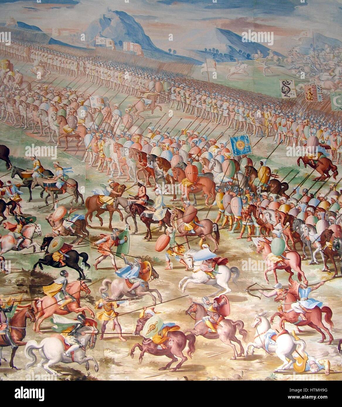 Forces of Muhammed IX, Nasrid Sultan of Granada, at the Battle of Higueruela 1431, as depicted in a series of fresco paintings by Fabrizio Castello, Orazio Cambiaso and Lazzaro Tavarone in the Gallery of Battles at the Royal Monastery of San Lorenzo de El Escorial, Spain. Stock Photo