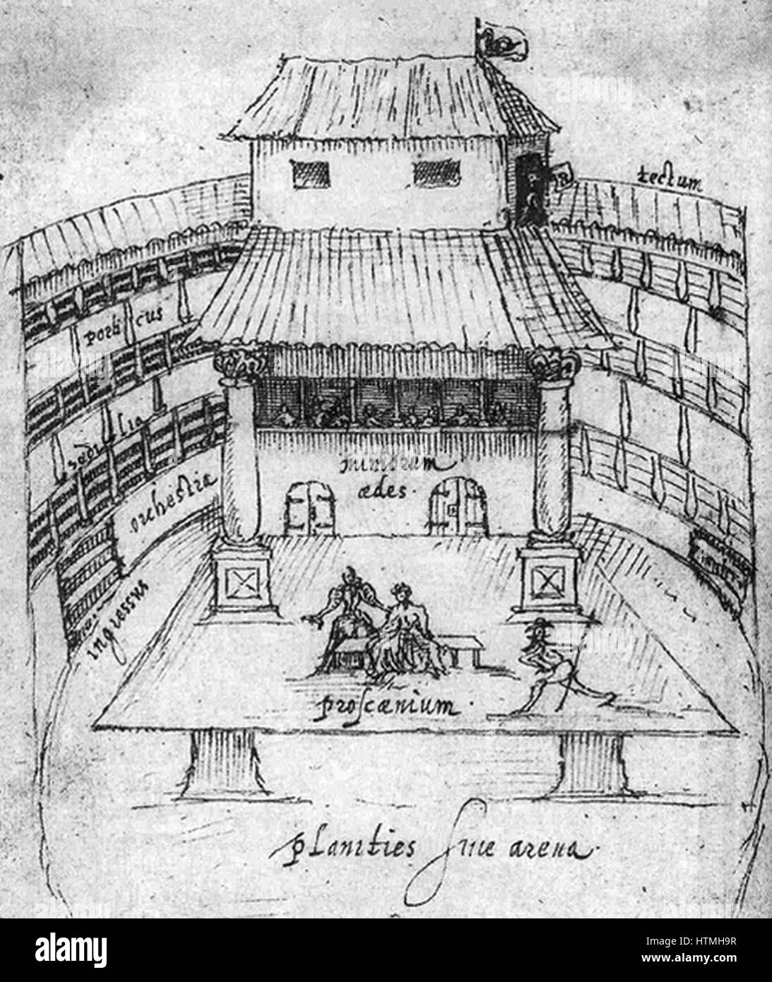 Performance in progress at the Swan theatre in London in 1596. Stock Photo
