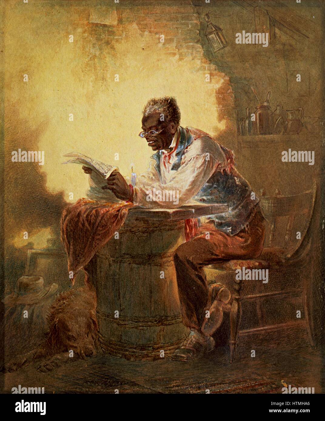 Black man reading newspaper by candlelight' watercolour. [ca. 1863] By H. L. (Henry Louis) Stephens, 1824-1882,American artist. Stock Photo