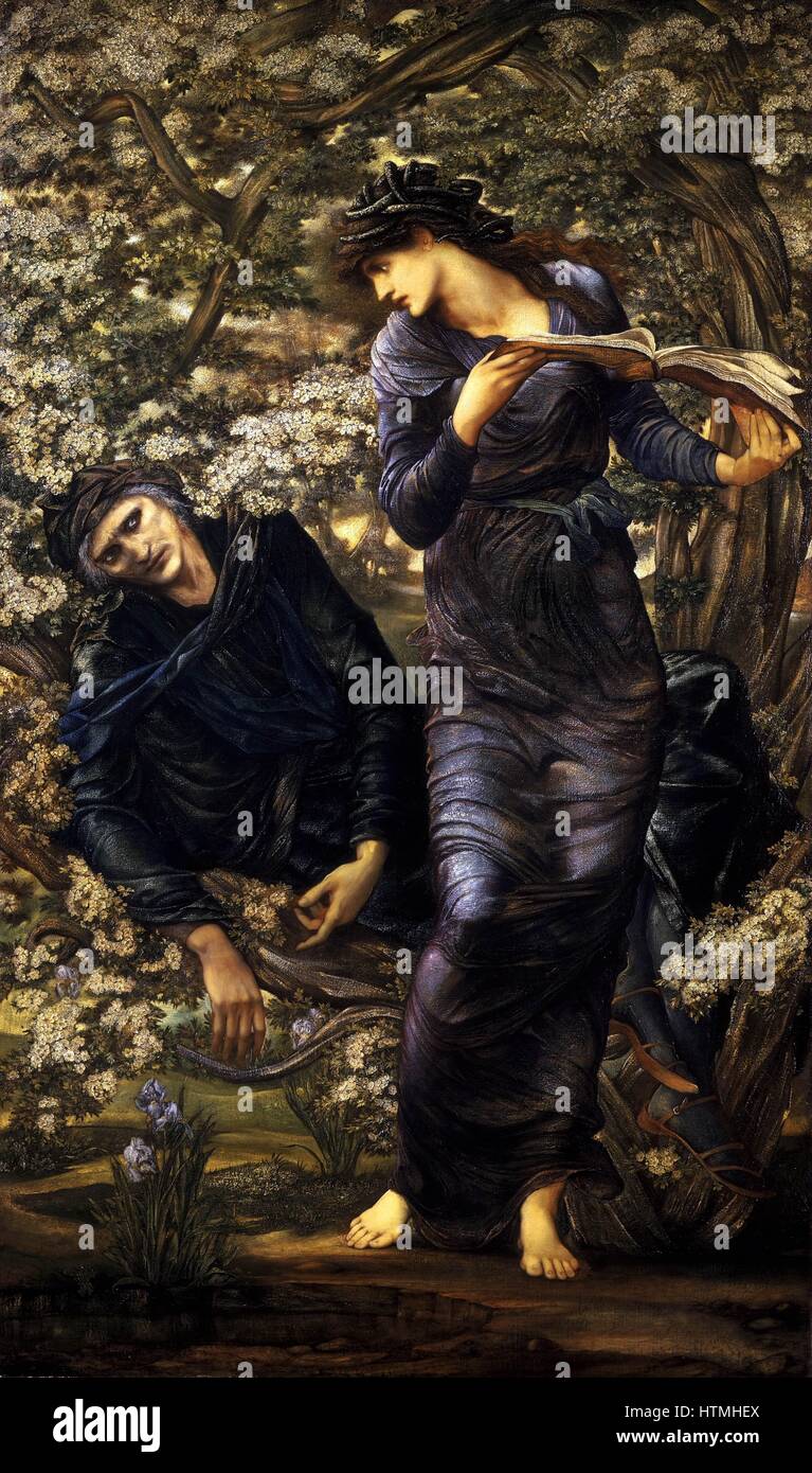 Edward Burne-Jones, 'The Beguiling of Merlin', 1872-7. Lady Lever Art Gallery, Port Sunlight, Wirral. 'The Beguiling of Merlin' Merlin and Vivien - at the moment of the latter's triumph when she sings the Charm which puts him in her power, to sleep throug Stock Photo