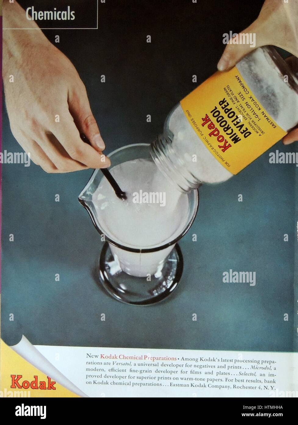 World War II - Kodak advertisement - New Kodak Chemical Preparations, Microdol Developer, a modern, efficient, fine-grain developer for films and plates. Stock Photo