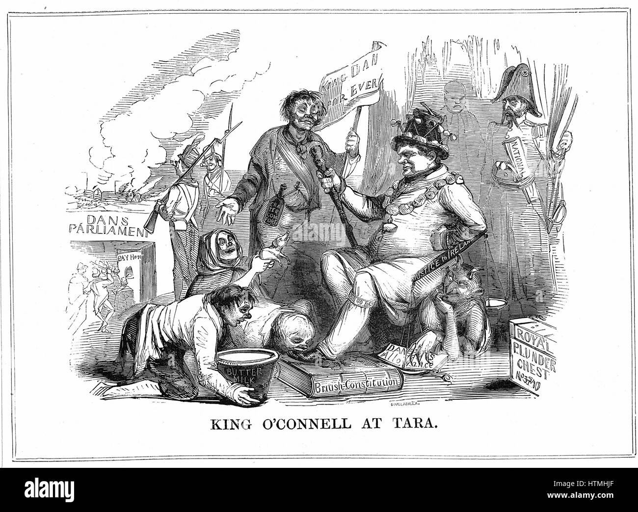Repeal Meeting at Tara - 1843. Daniel O'Connell (1775-1841) Irish politician, 'The Liberator', leader of Repeal (of union with Britain) movement, shown as King of the Irish, with his subjects doing him homage and offering him the products of the land. Cartoon from 'Punch', London, 1843. Engraving Stock Photo