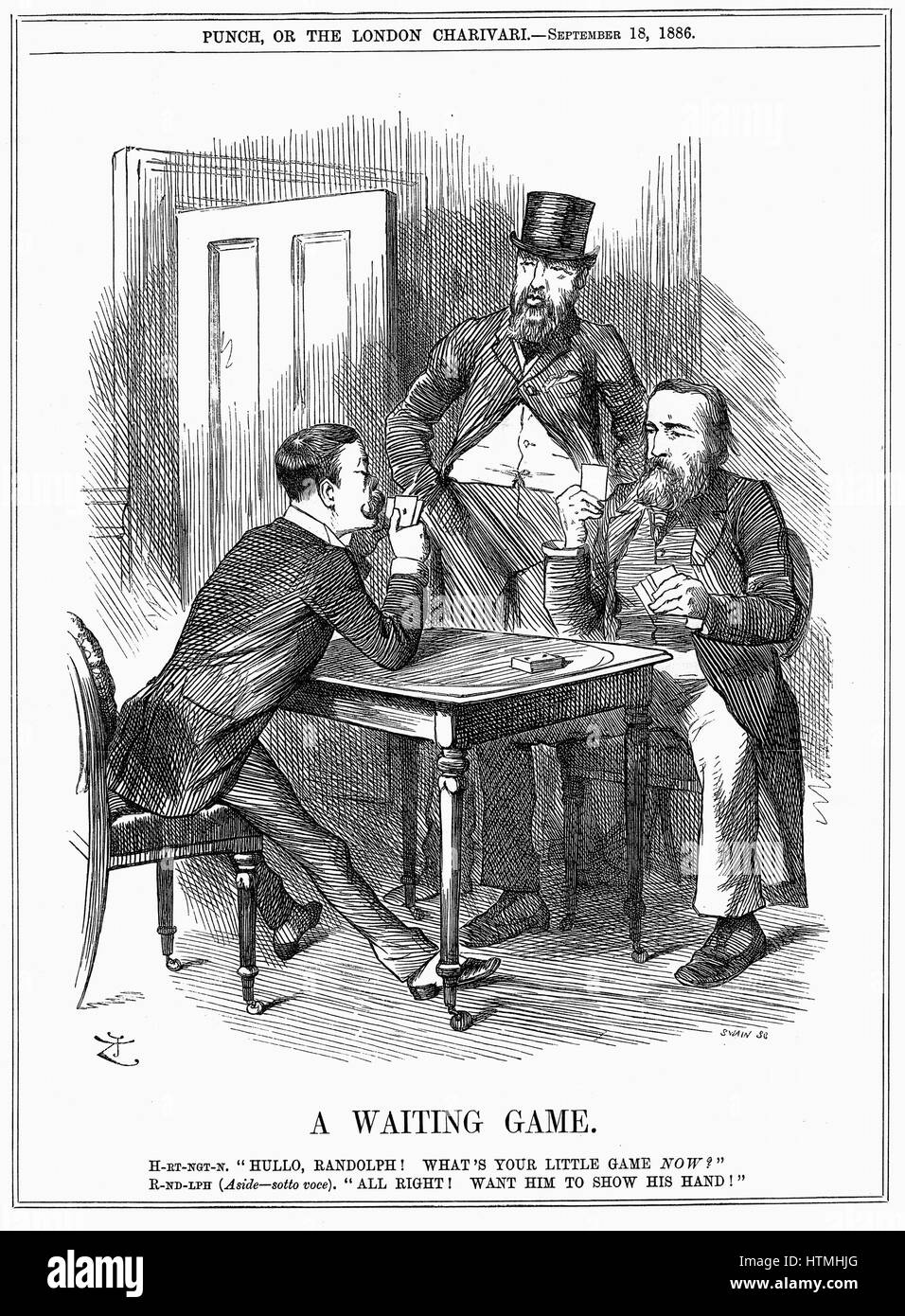 Lord Randolph Churchill (left) trying to make Charles Stewart Parnell, Irish politician, show his hand and let Churchill and Hartington know how he will use Parnellite votes he commands in House of Commons. John Tenniel cartoon from 'Punch' 18 September 1886. Engraving Stock Photo