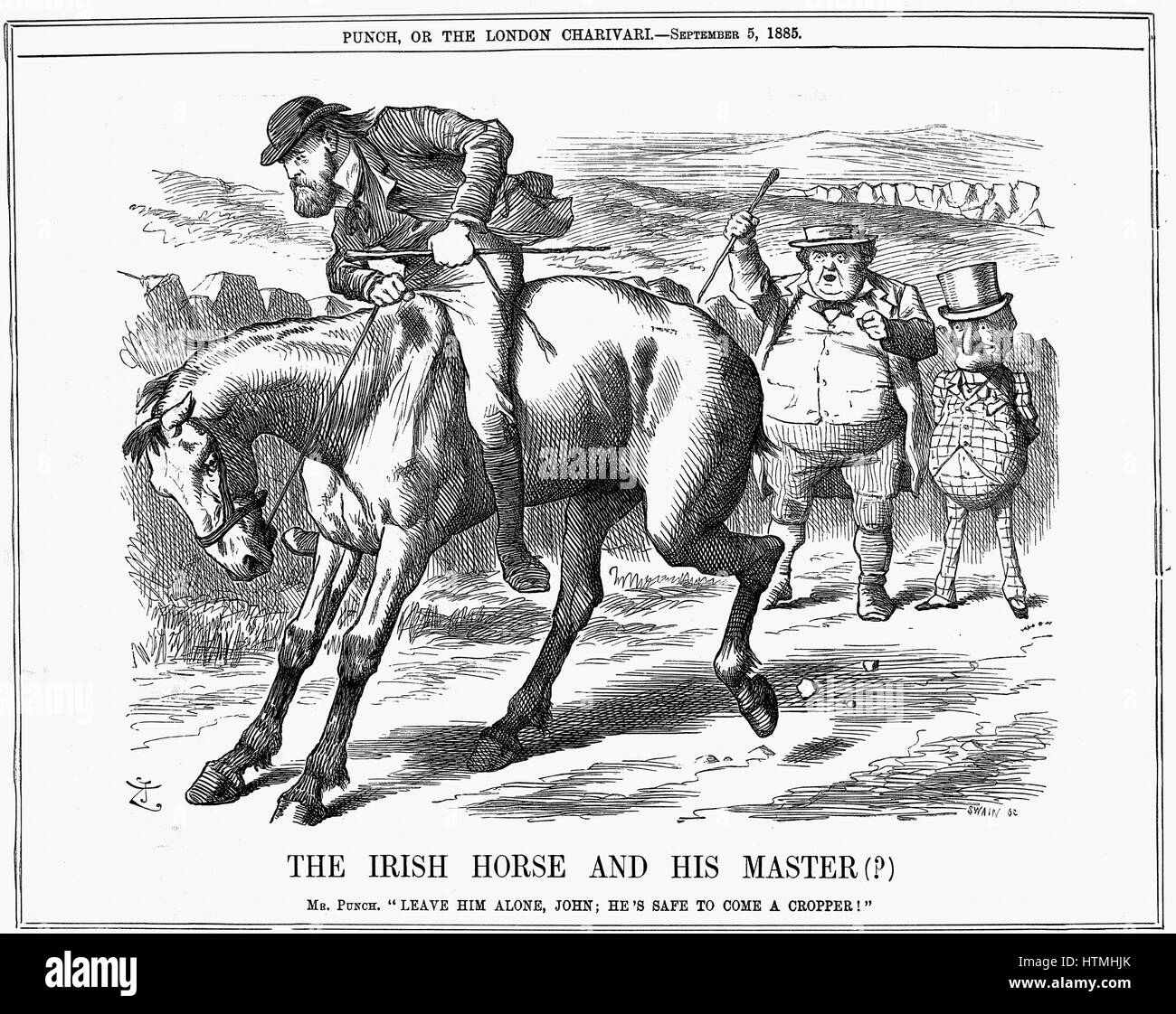 Mr Punch tells John Bull to ignore Charles Stewart Parnell (1846-1891), Irish politician, as he is sure to come a cropper riding the Irish horse. John Tenniel cartoon from 'Punch' London 5 September 1885. Engraving Stock Photo