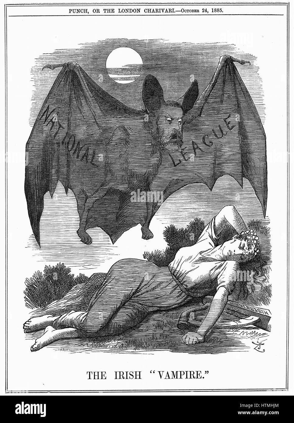 Irish National League, with face of Charles Stewart Parnell (1846-1891), shown as a vampire preying on Ireland. John Tenniel cartoon from 'Punch' London, 24 October 1885. Engraving Stock Photo