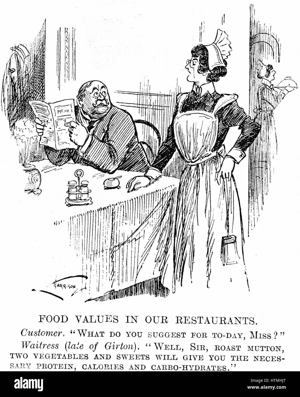 The effect of university education for women on everyday life. Cartoon from "Punch", London, 14 February 1917. Waitress, late of Girton College, Cambridge, is able to advise surprised diner on the nutrition he will derive from his meal. Stock Photo