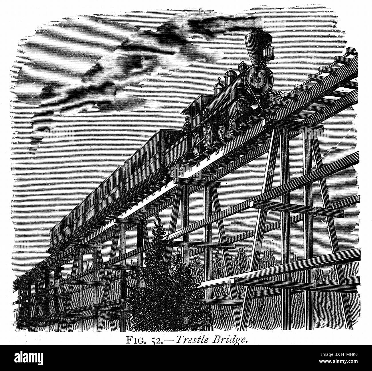 Union Pacific Railroad Train crossing wooden trestle bridge near Sherman. Wood engraving c1870